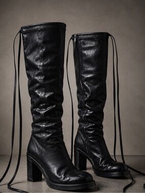Ann Demeulemeester Black Leather Knee High Boots Archive Goth Avant Garde